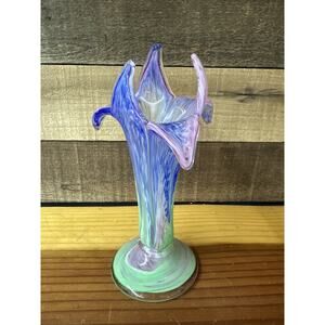 Art Glass Hand Blown Pink Blue Green Swirl Flower Petal Shape Vase 9”